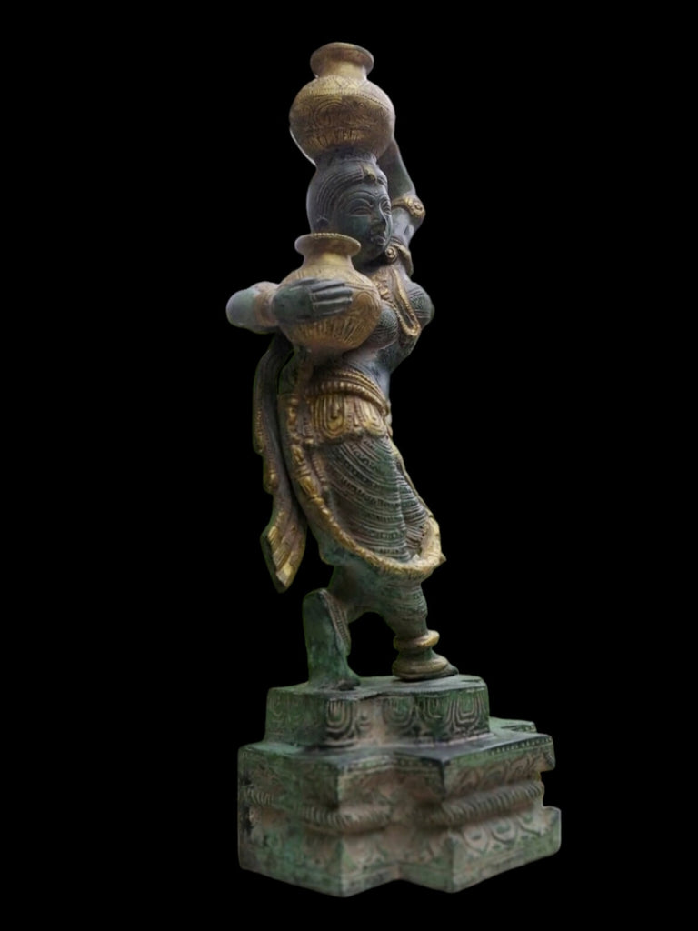 Village Woman Carrying Water Pots Handcrafted In Brass With A  Green & Gold Patina. Height 38 cm