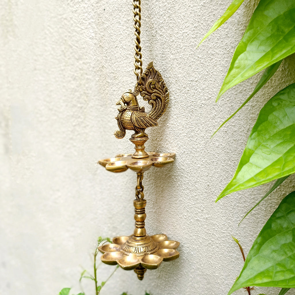 Vintage Two Tiered Brass Lamp of The Mythical Hamsa With 16 Diyas. Length 70 cm