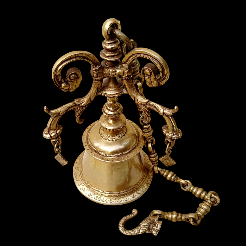 Magnificent Brass Temple Bell On Chain. Length 77 cm x Diameter Of Bell 12.5 cm