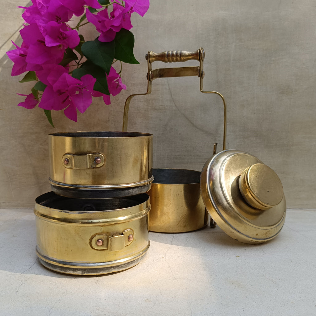 Vintage Brass Tiffin With 3 Containers. Height 26 cm x Diameter 11 cm