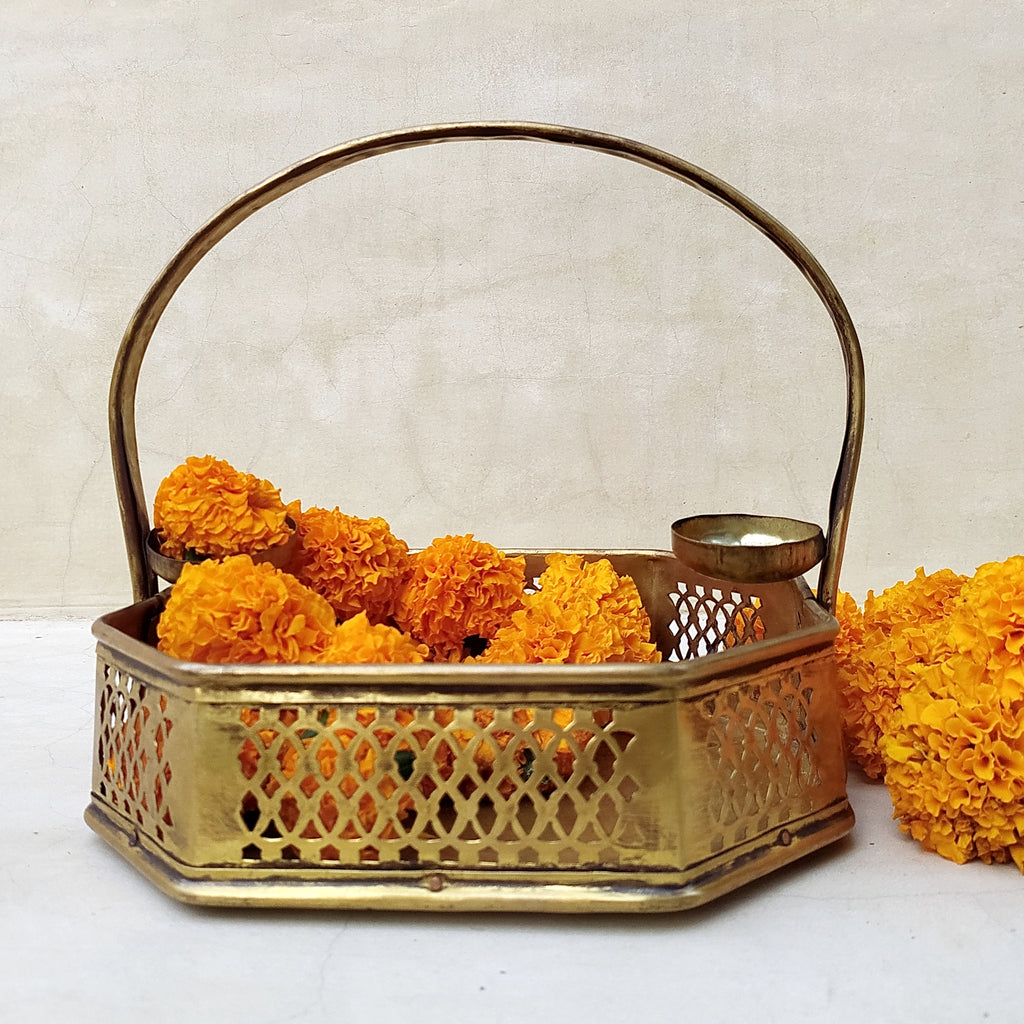 Poola Sajja - Traditional Vintage Brass Flower Basket - L 23 cm x W 20 cm x Ht 22 cm