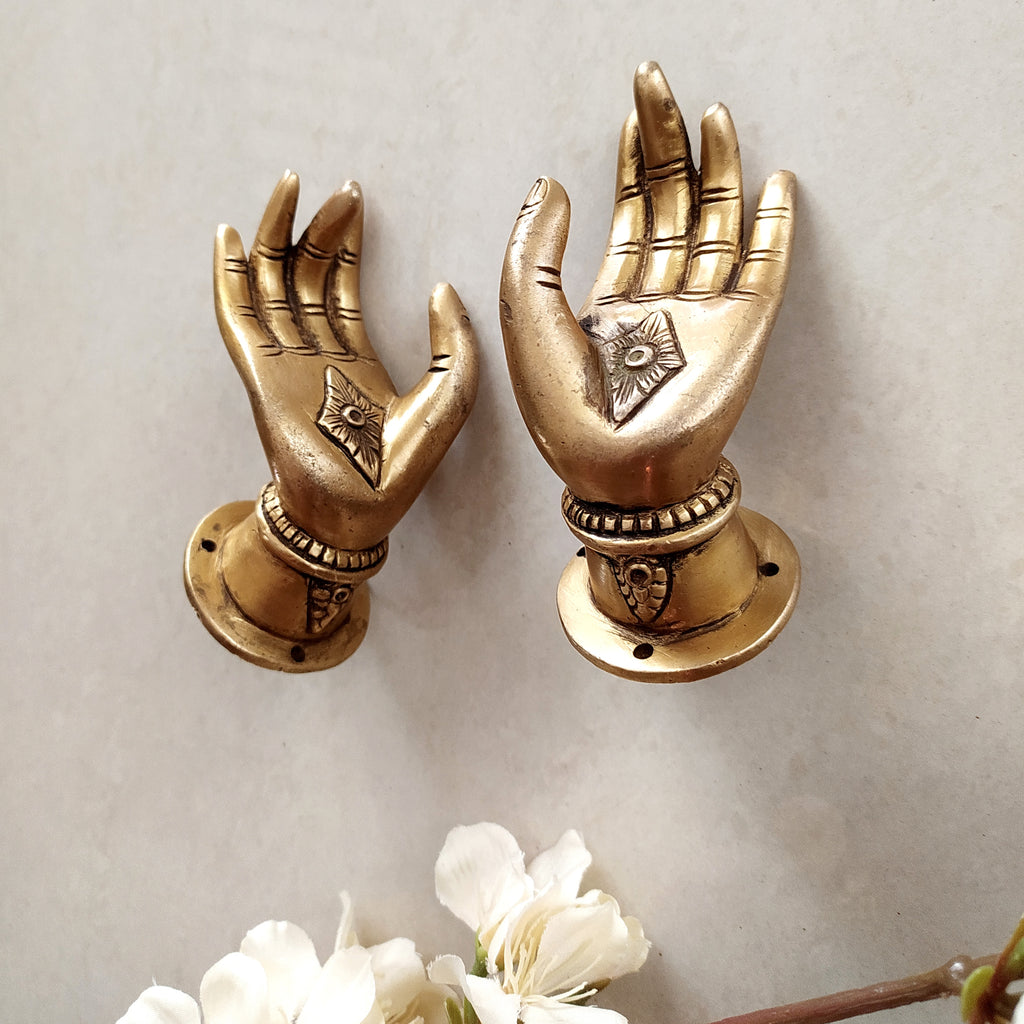 Brass Door Pulls Of Buddha Hands In Vitarka Mudra Posture. Length 10 cm x Width 5 cm x Height 5 cm