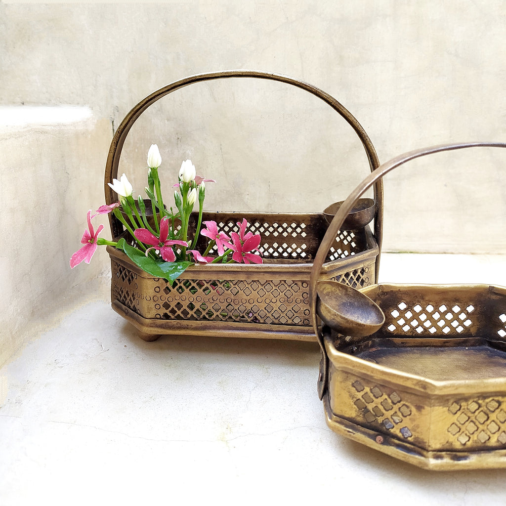 Pair Of Traditional Vintage Brass Flower Baskets, Poola Sajja, L 16 cm & 12 cm