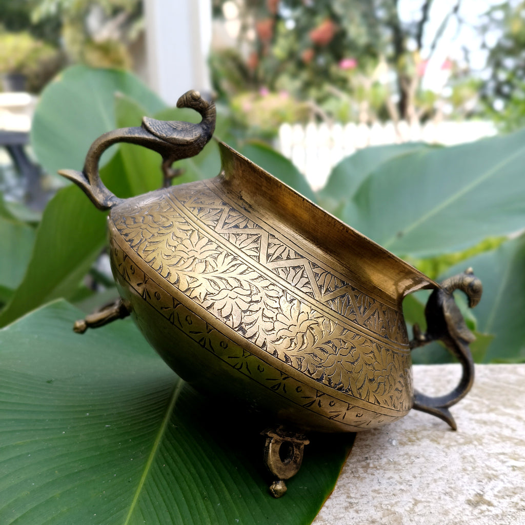 Vintage Brass Planter With Peacock Handles Hand Engraved With Floral Motifs. Height 19 cm x Diameter 18 cm
