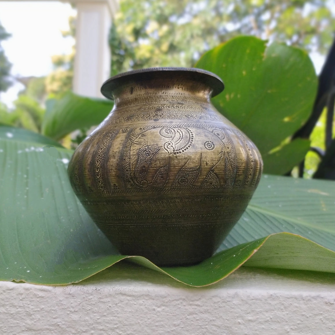 Vintage Brass Lota, Drinking Water Vessel Engraved With Elephants & Peacocks. Height 14 cm x Dia 10 cm