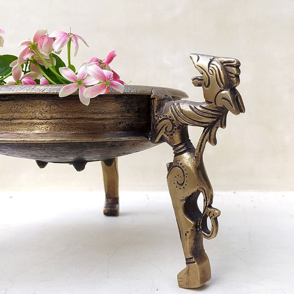 Traditional Brass Urli Handcrafted With 3 Mythical Yali Legs. Diameter 19 cm x Height 15 cm