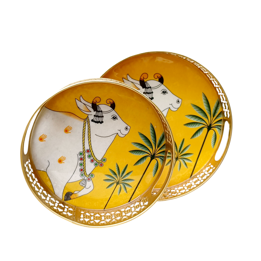 Pair Of Exquisite Round Metal Trays With Pichwai Art Of Nandi. Diameter 25 & 20 cm