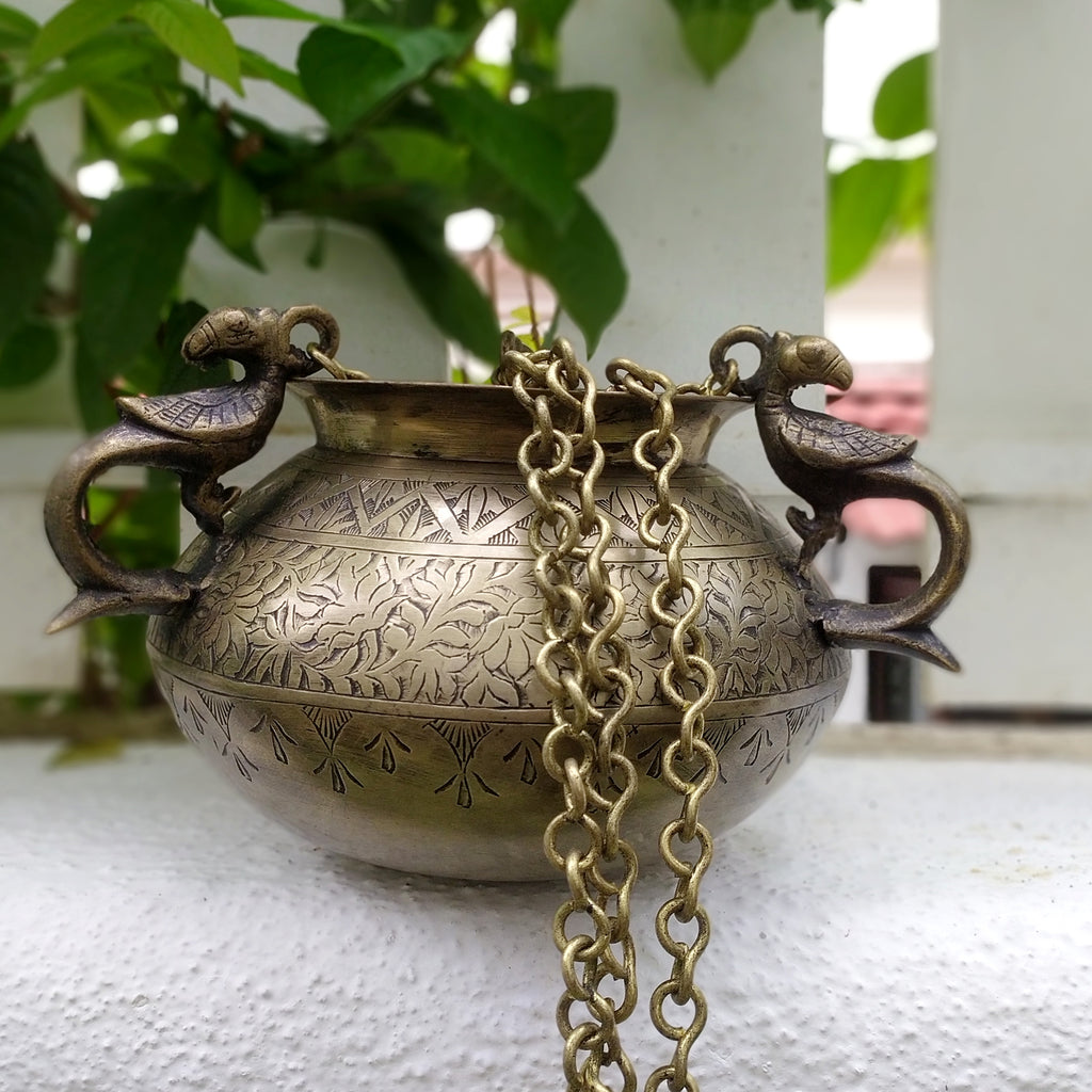 Vintage Hanging Brass Planter With 3 Peacock Handles. Length With Chain 89 cm x Diameter 16 cm