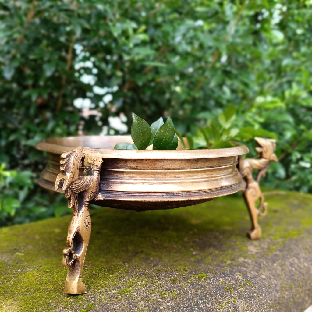 Traditional Brass Urli Handcrafted With 3 Mythical Yali Legs. Diameter 28 cm x Height 15 cm