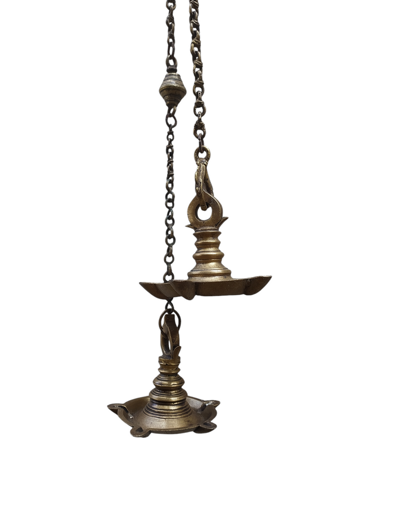 Vintage Pair Of Brass Oil & Wick Lamps With Ornate Chains. Length 99 cm & 85 cm x Diameter 12 cm