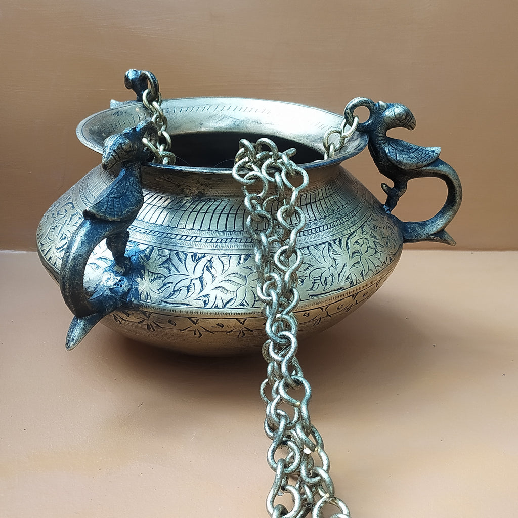 Vintage Hanging Brass Planter With 3 Peacock Handles. Length With Chain 88 cm x Diameter 17 cm