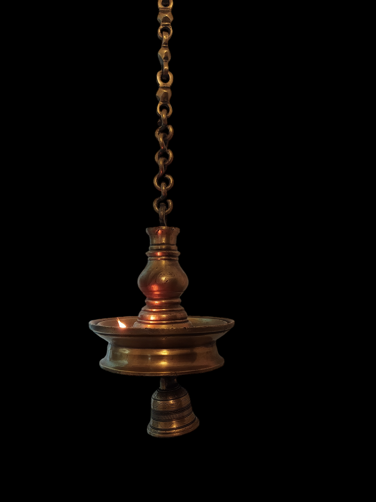 Vintage Brass Oil Lamp With Bell - "Thooku Vilakku" From South India. Length 76 cm x Diameter 16 cm