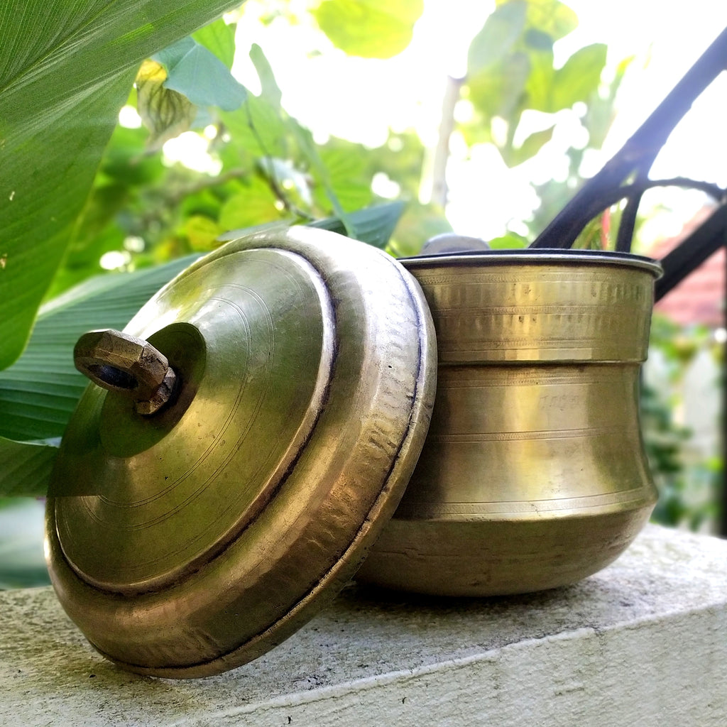 Vintage Idli Steamer | Patra Handcrafted In Brass With 2 Inserts, Height 30 cm x Diameter 25 cm