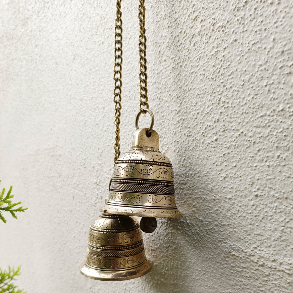 Exquisite Pair Of Brass Temple Bells With Chains. Length 45 cm x Dia 7 cm