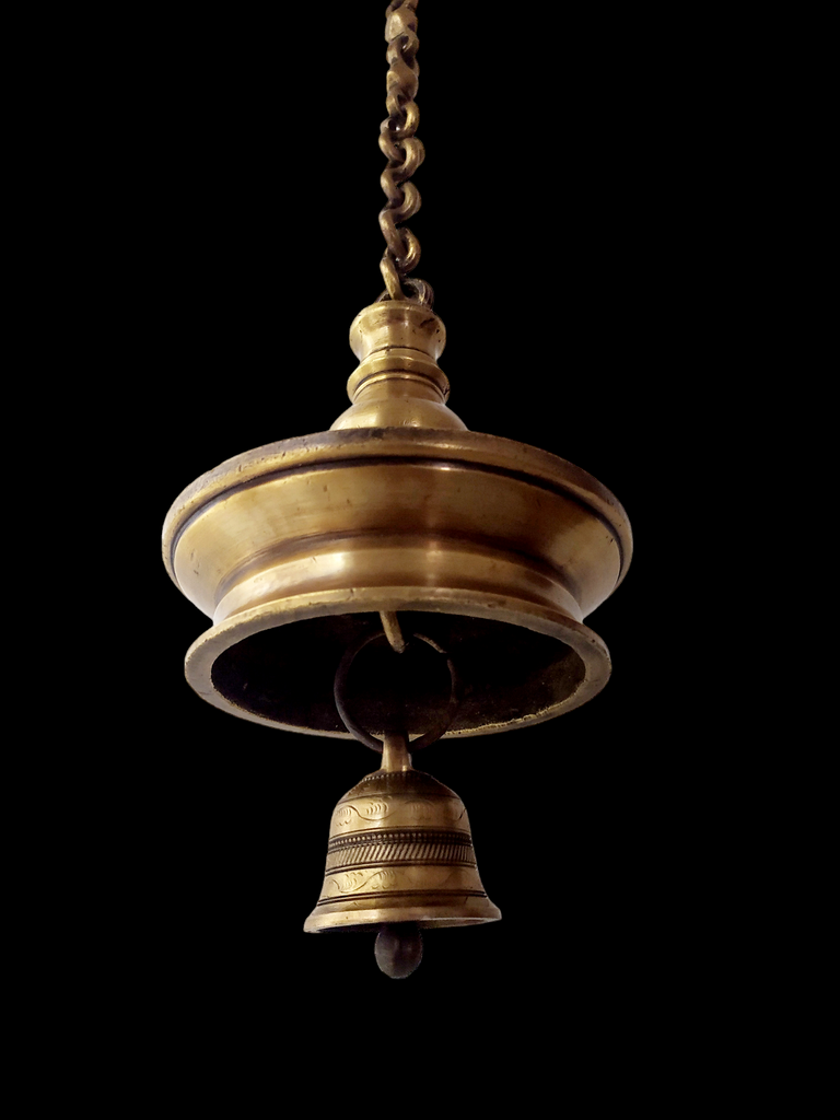 Vintage Brass Oil Lamp With Bell - "Thooku Vilakku" From South India. Length 76 cm x Diameter 16 cm