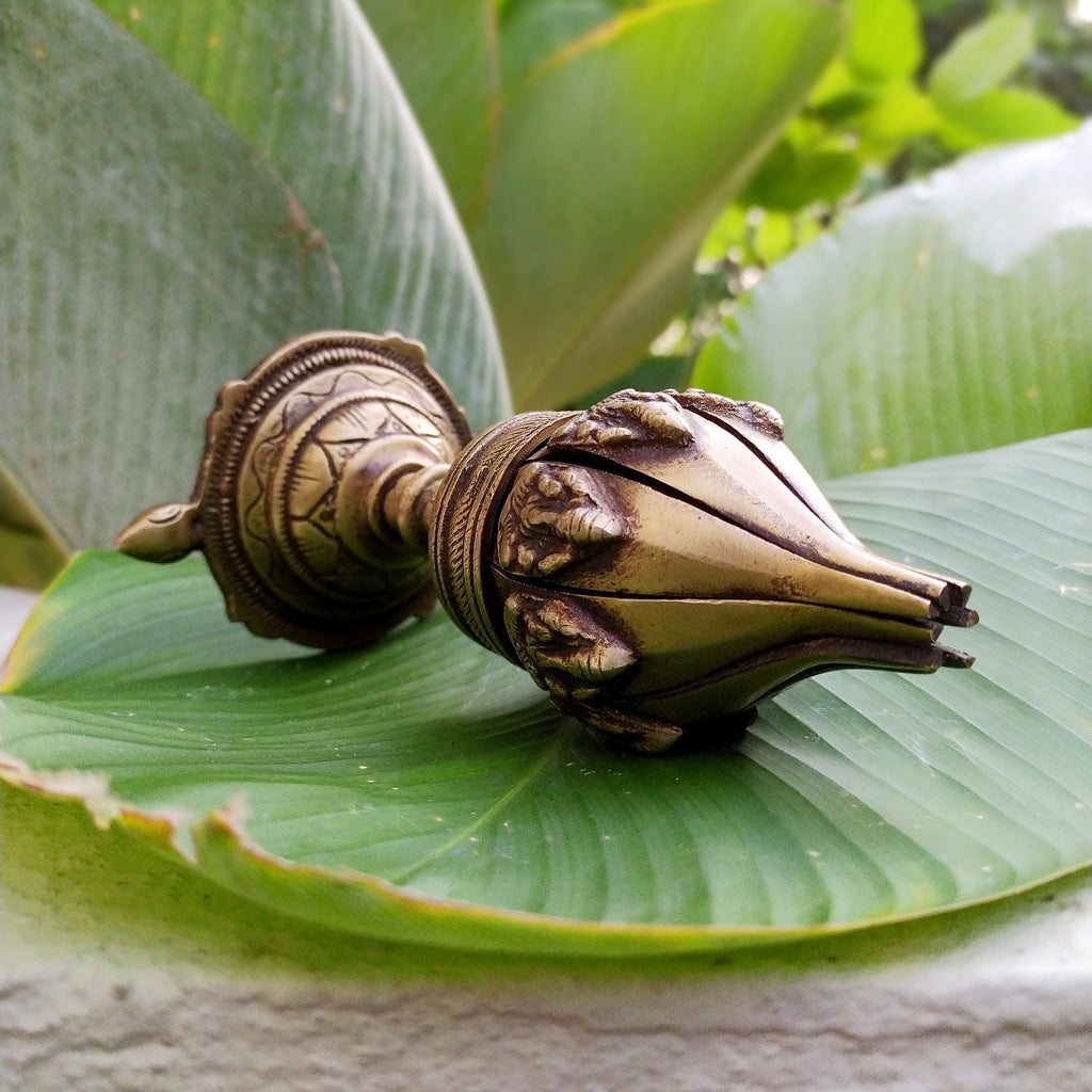 Vintage Ganesha Brass Lotus Lamp With 16 Petals On a Turtle Base. Height 16 cm