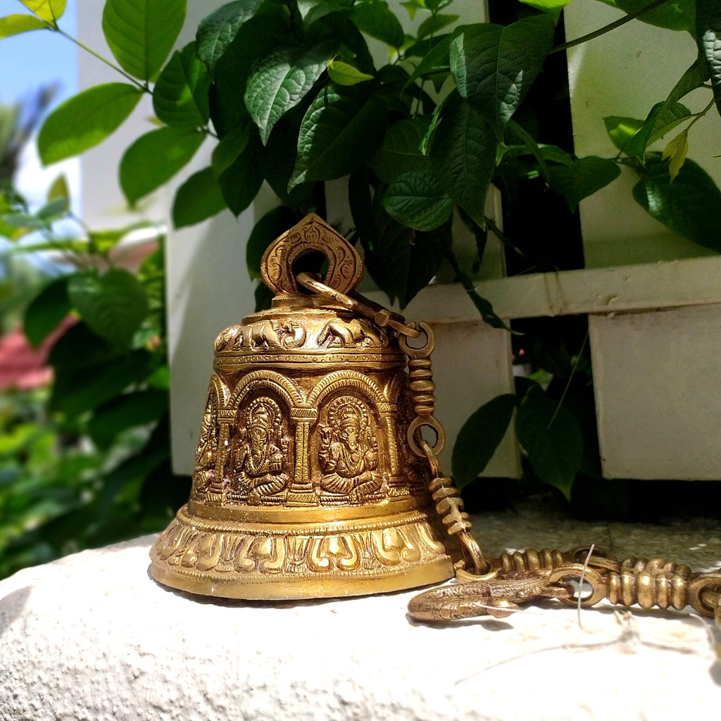 Magnificent Brass Temple Bell On A Chain With 8 Figures of Lord Ganesha & Majestic Elephants. Length 78 cm x Diameter 16 cm