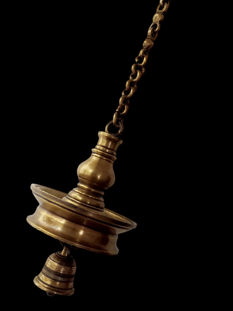 Vintage Brass Oil Lamp With Bell - "Thooku Vilakku" From South India. Length 76 cm x Diameter 16 cm