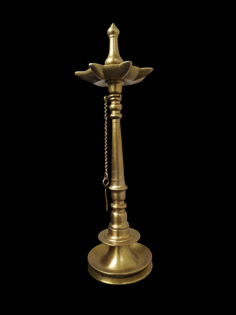 Traditional Brass Oil Lamp | Vilakku With 7 Grooves & Chain. Height 48 cm x Diameter 13 cm