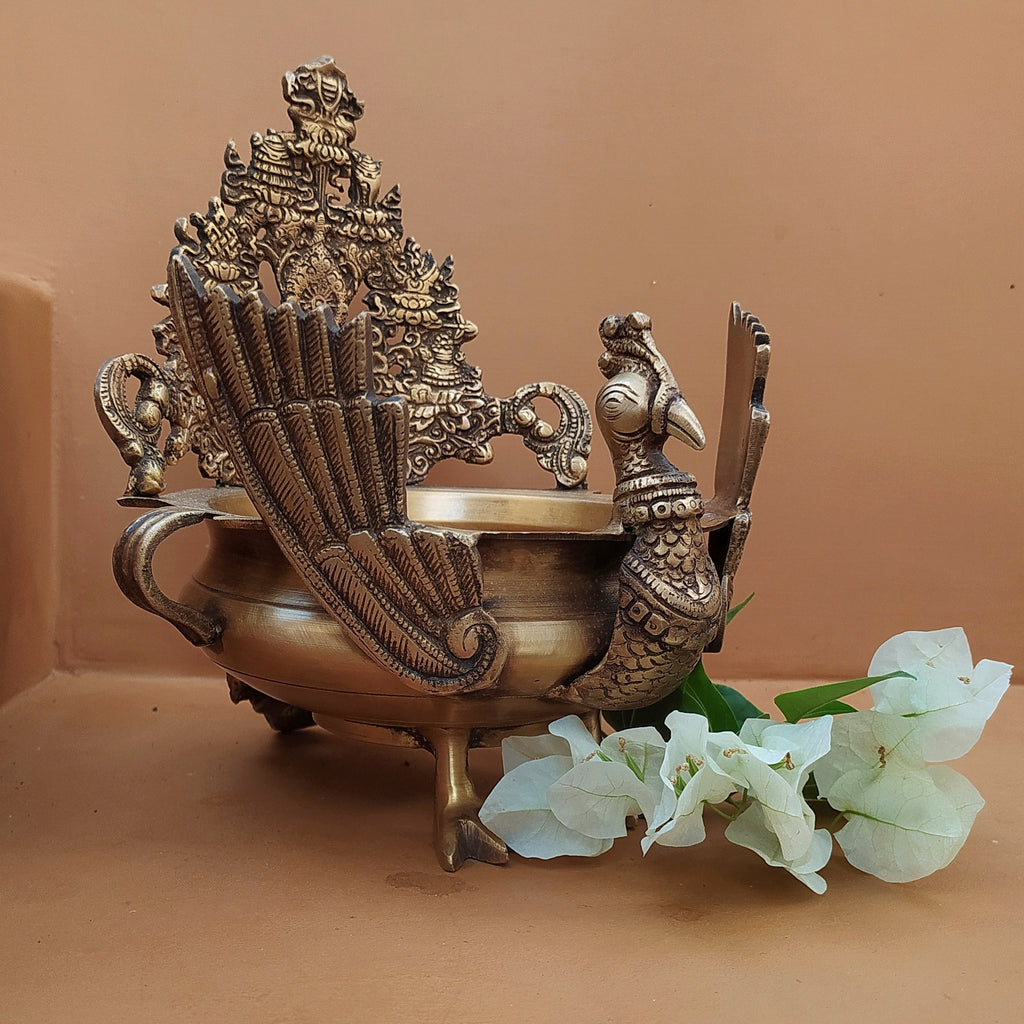 Majestic Brass Peacock Urli For Floating Flowers & Diyas - Height 29 cm x Length 23 cm x Diameter 20 cm