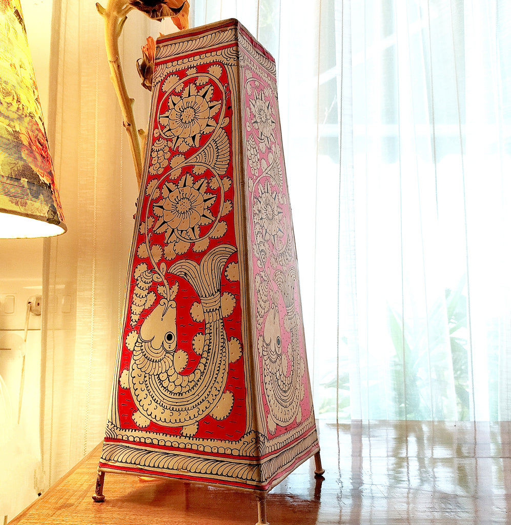 Kalamkari Craft Leather Lampshade With Mythological Fish Figures In Red & White Theme. Height 44 cm