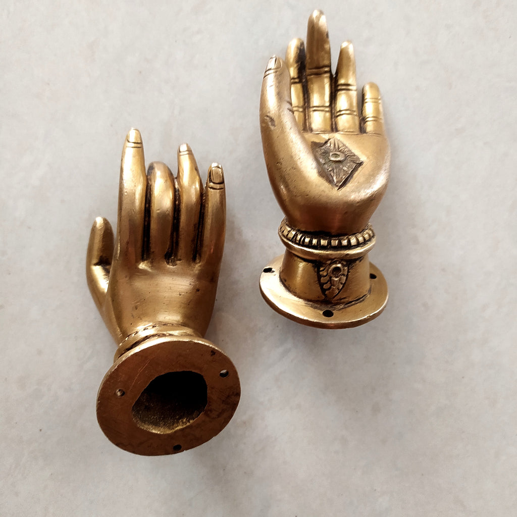 Brass Door Pulls Of Buddha Hands In Vitarka Mudra Posture. Length 10 cm x Width 5 cm x Height 5 cm