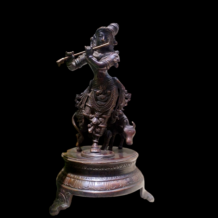 Brass Sculpture of Lord Krishna With The Sacred Cow In A Rich Dark Brown Patina - Ht 25 cm