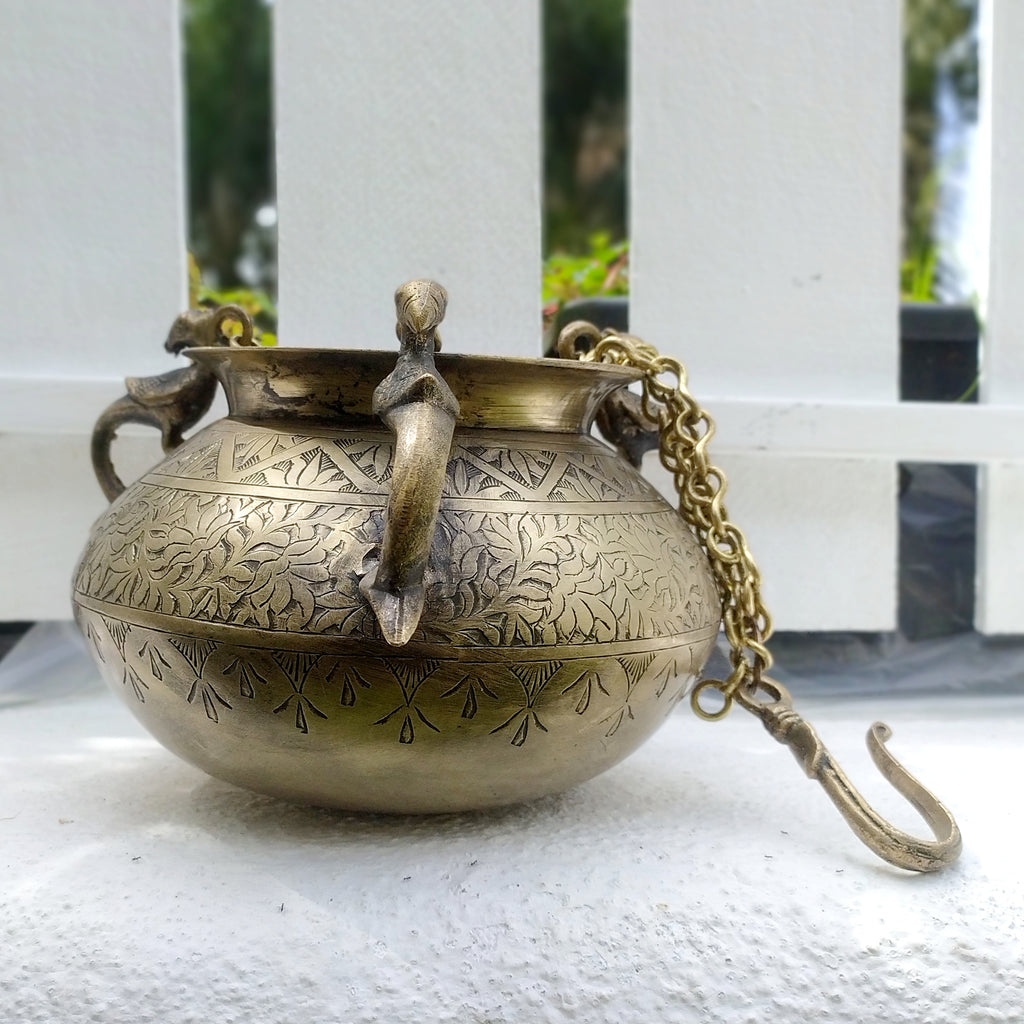 Vintage Hanging Brass Planter With 3 Peacock Handles. Length With Chain 89 cm x Diameter 16 cm