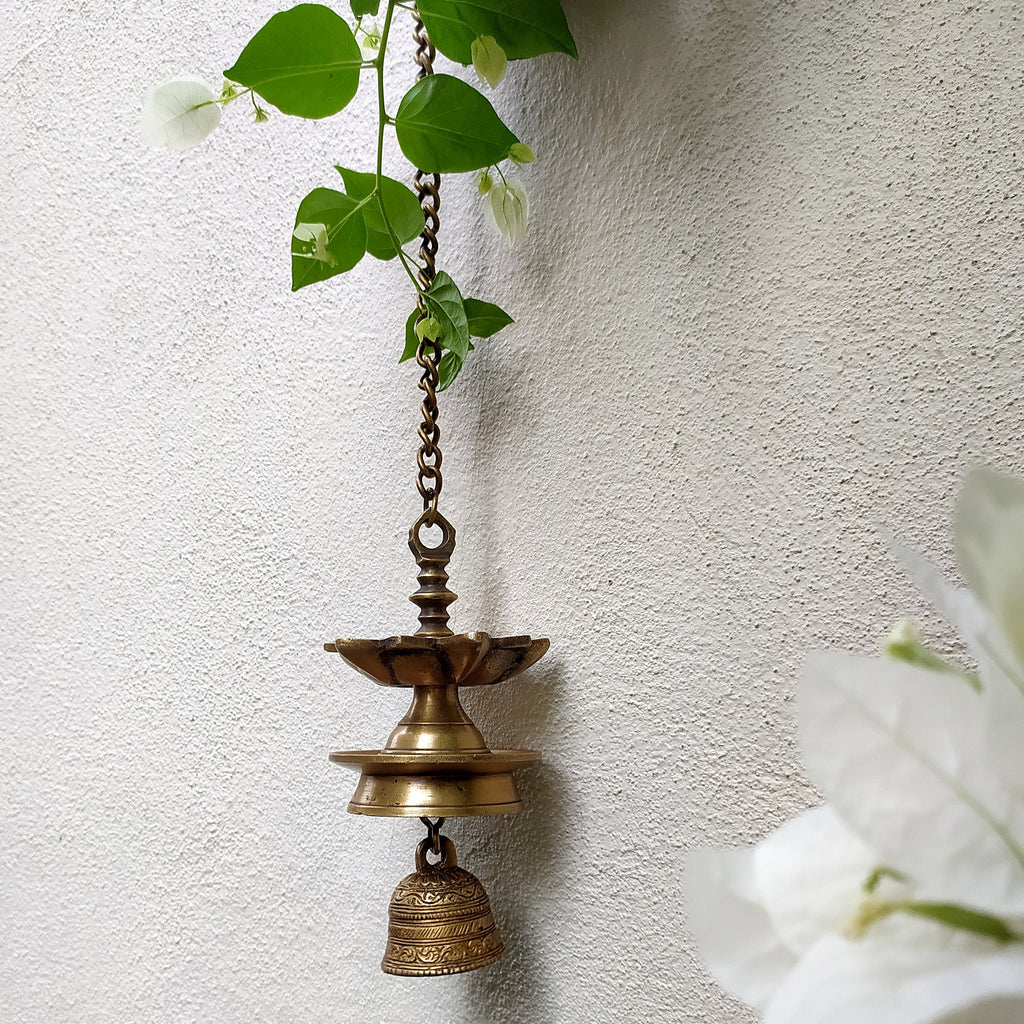 Vintage Brass Hanging Oil Lamp With Bell - "Thooku Vilakku" From South India. Length 91 cm x Diameter 10 cm