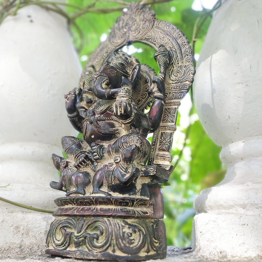 Brass Sculpture of Lord Ganesha With His Vahan In Rich Burgundy & Grey Patina. Height 29 cm x Width 16 cm