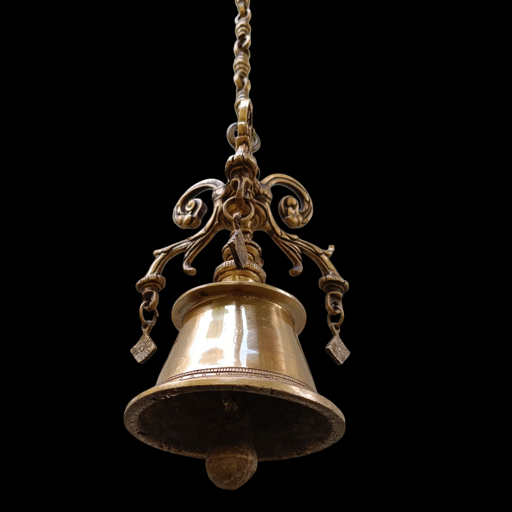 Magnificent Brass Temple Bell On Chain. Length 77 cm x Diameter Of Bell 12.5 cm