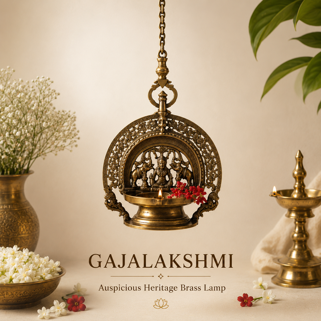 Traditional GajaLaxmi Vilakku Auspicious Oil Lamp From Kerala - 90 cm Length