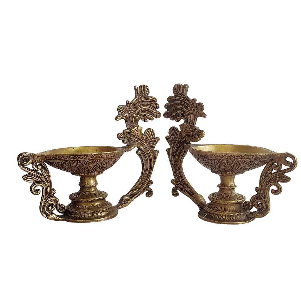 Ornate Pair of Brass Oil Vilakkus | Diyas. Length 21 cm x Height 18 cm x Width 10 cm