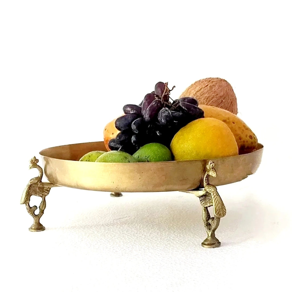 Brass Fruit Bowl Handcrafted With 3 Peacock shaped Legs - Diameter 29 cm x Height 9 cm