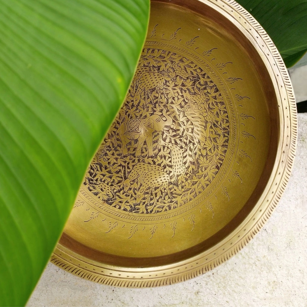 Captivating Brass Urli Hand Engraved With Flora & Fauna. Diameter 30 cm x Ht 11 cm