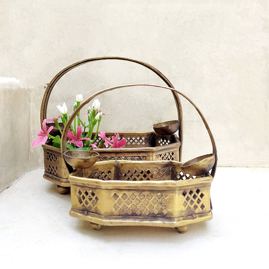 Pair Of Traditional Vintage Brass Flower Baskets, Poola Sajja, L 16 cm & 12 cm