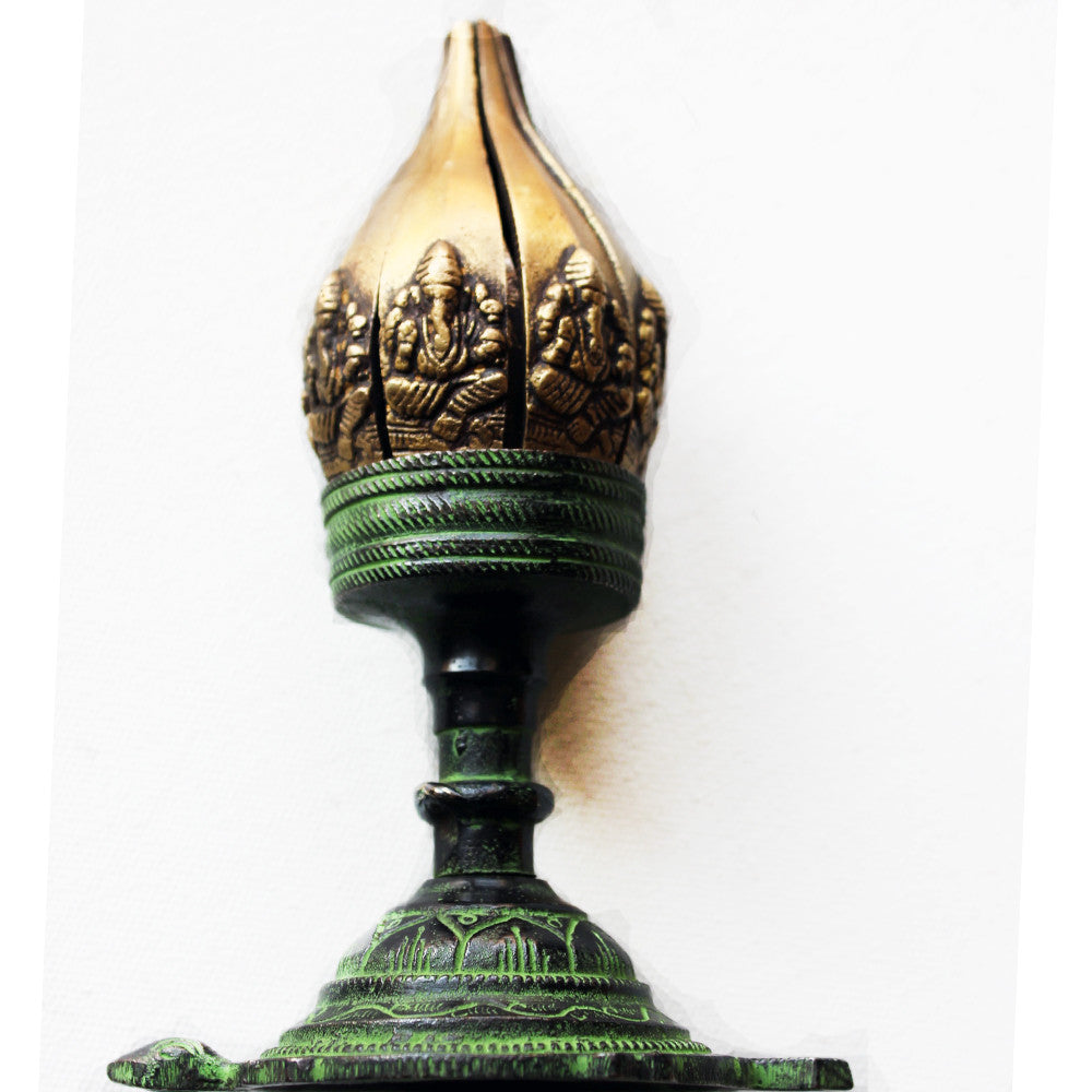 Vintage 16 cm Tall Ganesha Brass Lotus Lamp In Brass & Patina Finish On a Turtle Base - theindianweave