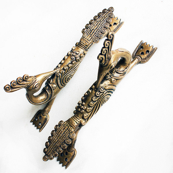 Pair of Hand Casted Brass Peacock Door Handles - L21 cm x W4 x H11 xm - theindianweave