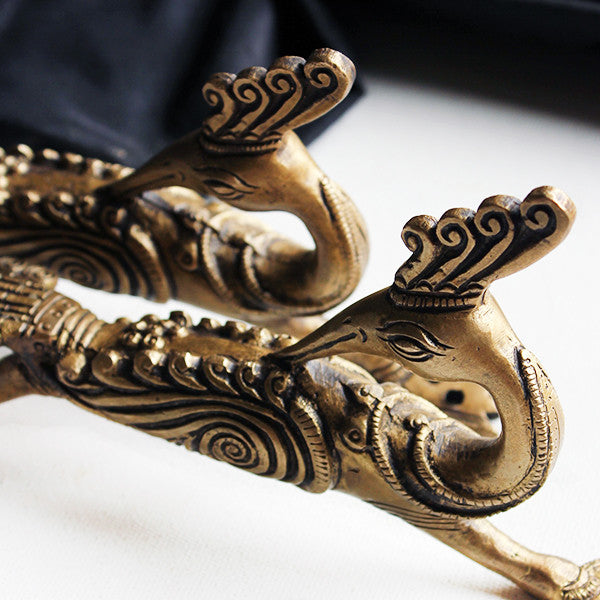 Pair of Hand Casted Brass Peacock Door Handles - L21 cm x W4 x H11 xm - theindianweave