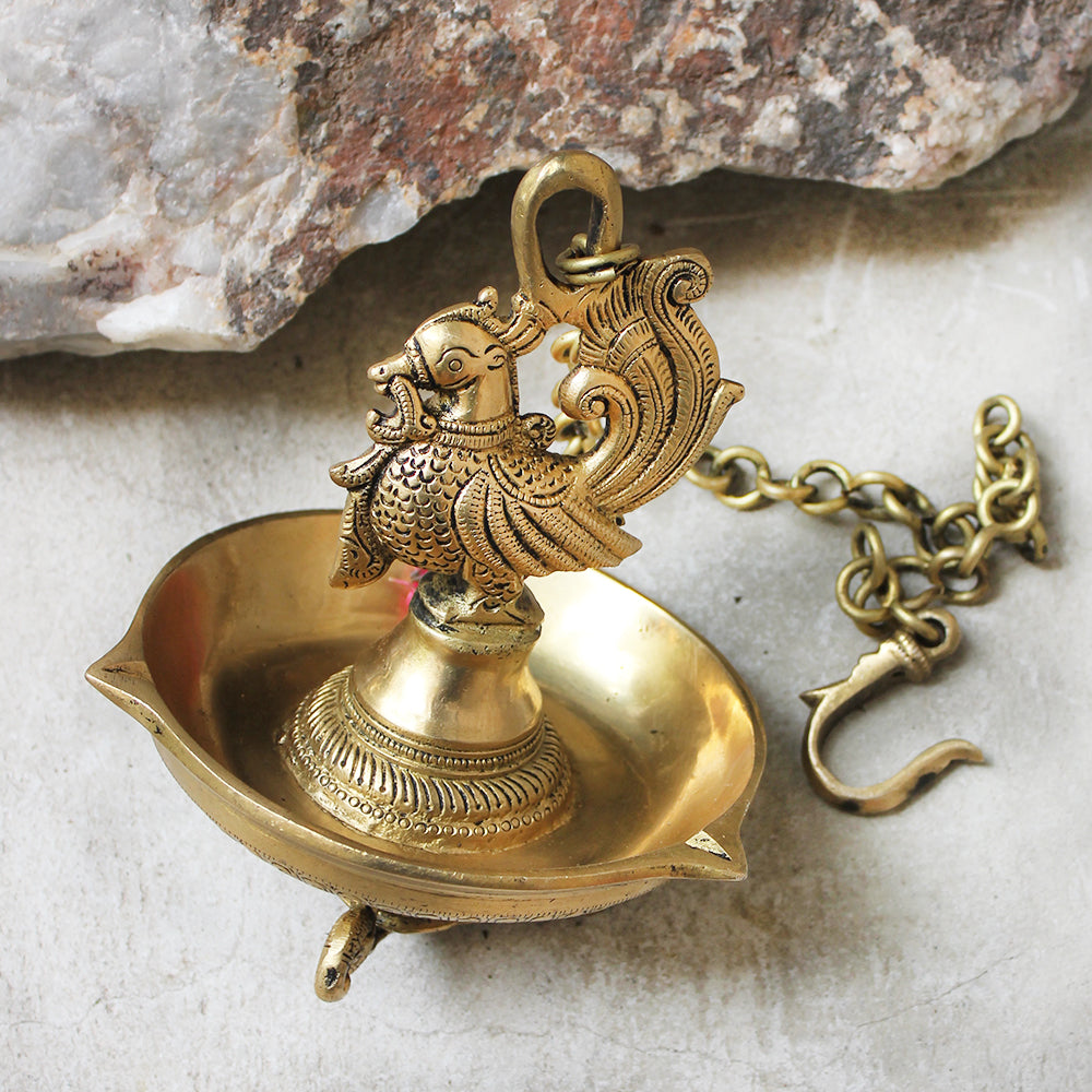 Exquisite Brass Oil Lamp Crafted With 4 Peacocks On A Chain - L 58 cm x Dia 15 cm