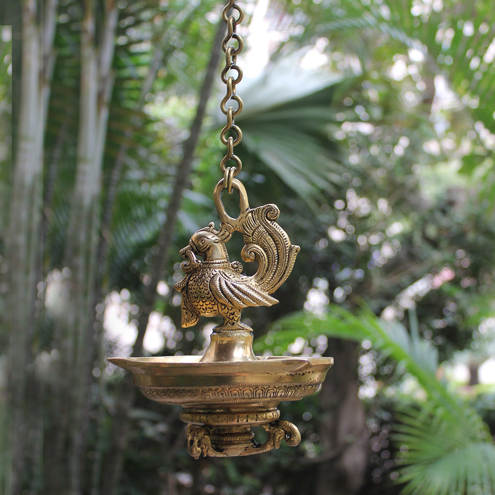 Exquisite Brass Oil Lamp Crafted With 4 Peacocks On A Chain - L 58 cm x Dia 15 cm