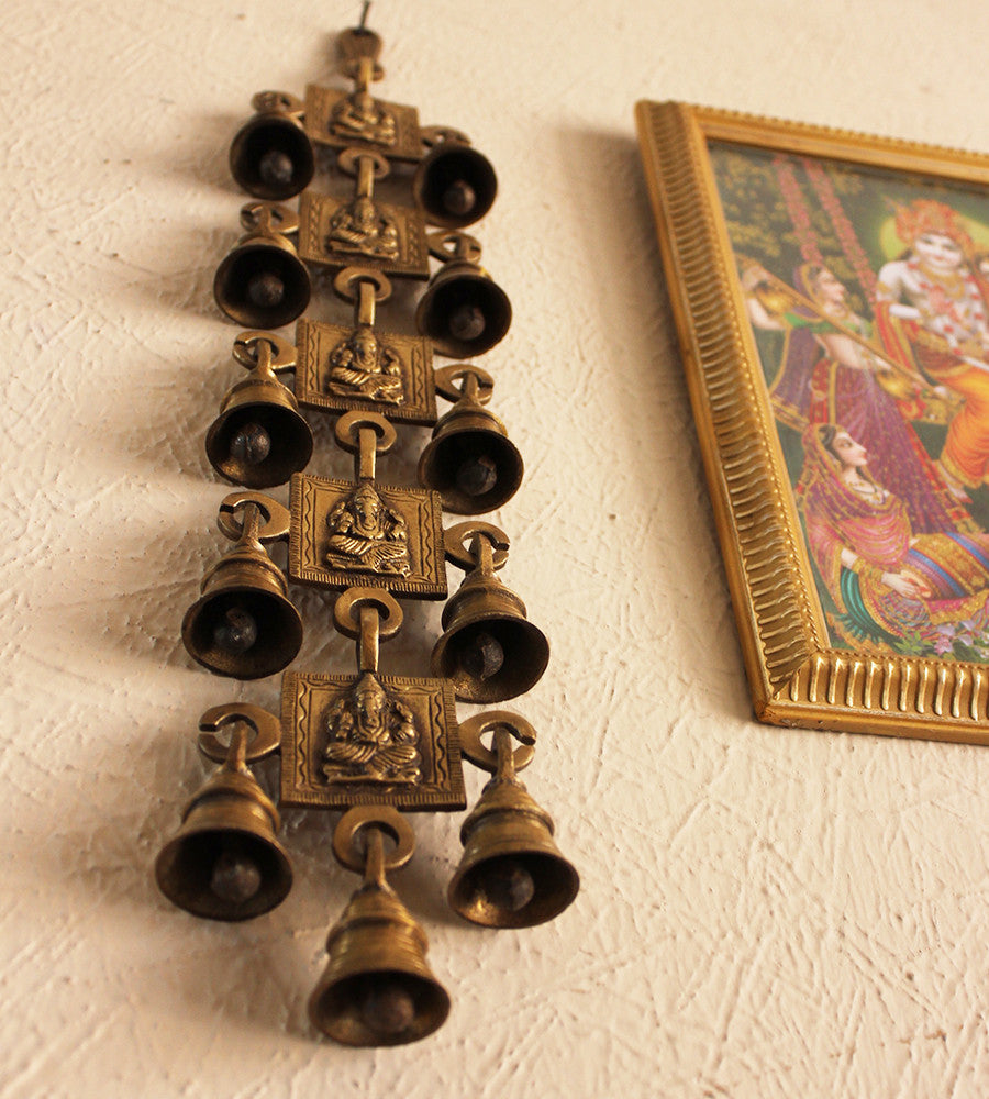 Wall Hanging of Lord Ganesha with 11 Bells Handcrafted In Brass - Size L 45 cm x W 9 cm - theindianweave
