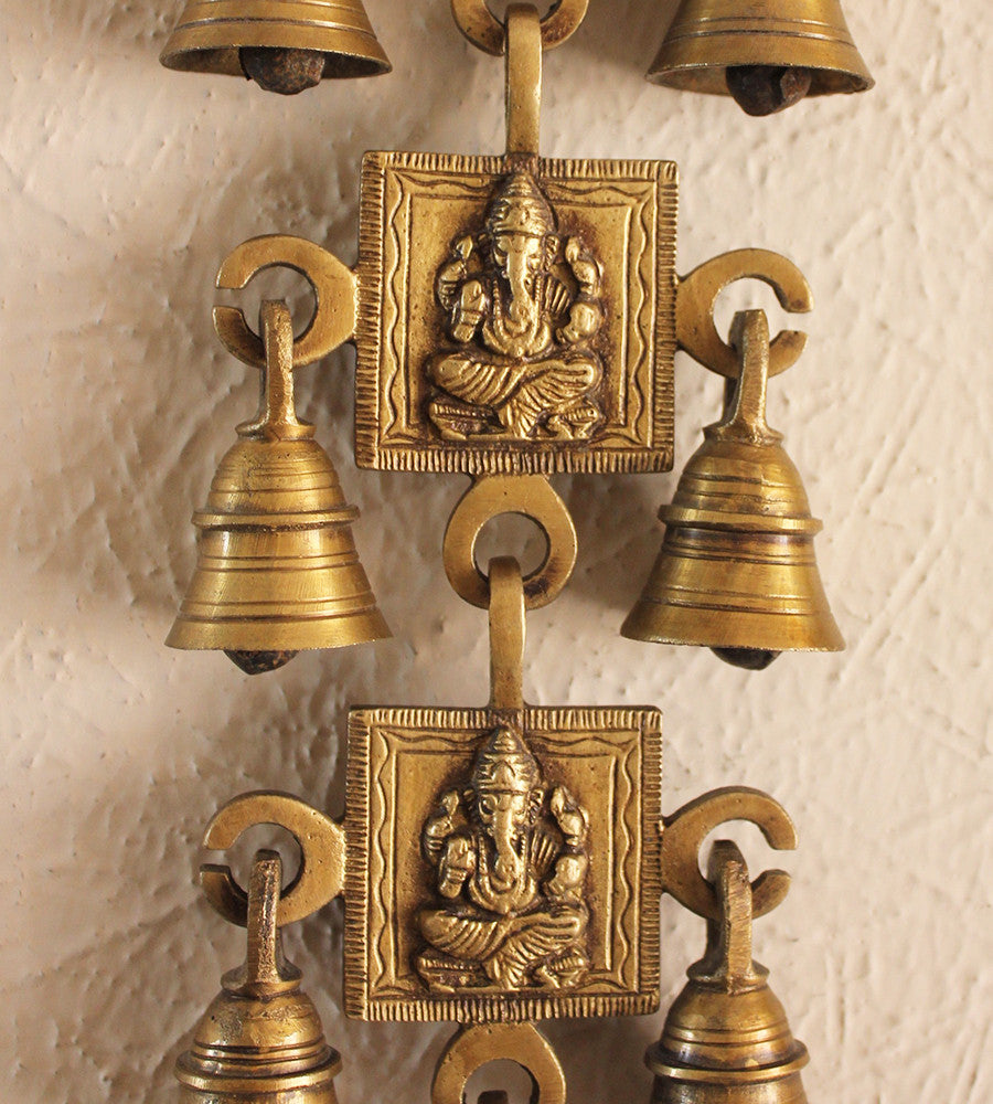 Wall Hanging of Lord Ganesha with 11 Bells Handcrafted In Brass - Size L 45 cm x W 9 cm - theindianweave
