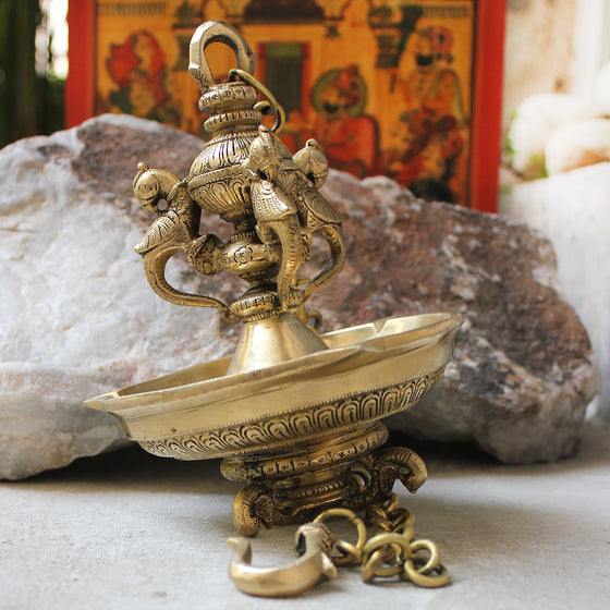 Exquisitely Handcrafted Brass Oil Lamp With 6 Peacocks On A Chain - L 60 cm x Dia 14.5 cm - The Indian Weave
