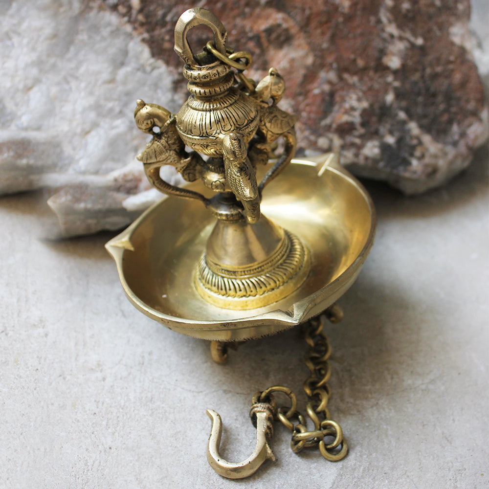 Exquisitely Handcrafted Brass Oil Lamp With 6 Peacocks On A Chain - L 60 cm x Dia 14.5 cm