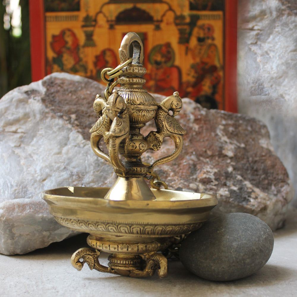 Exquisitely Handcrafted Brass Oil Lamp With 6 Peacocks On A Chain - L 60 cm x Dia 14.5 cm
