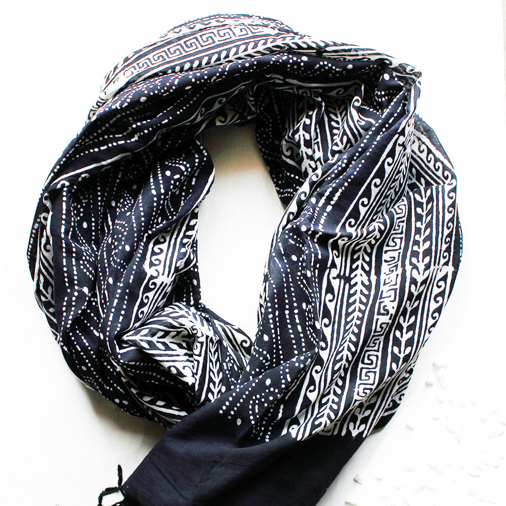 White & Black Cotton Stole | Scarf with Block printed Indian Floral & Leaf Design - theindianweave