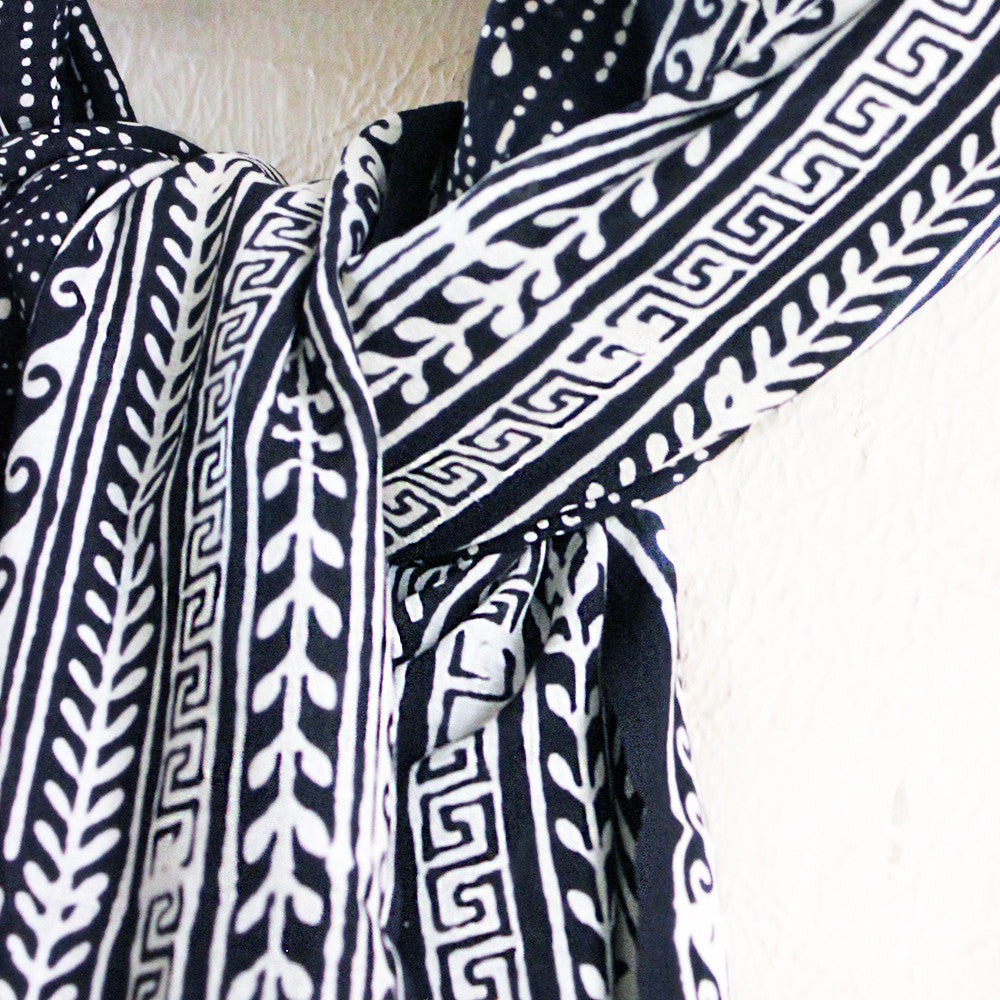 White & Black Cotton Stole | Scarf with Block printed Indian Floral & Leaf Design - theindianweave