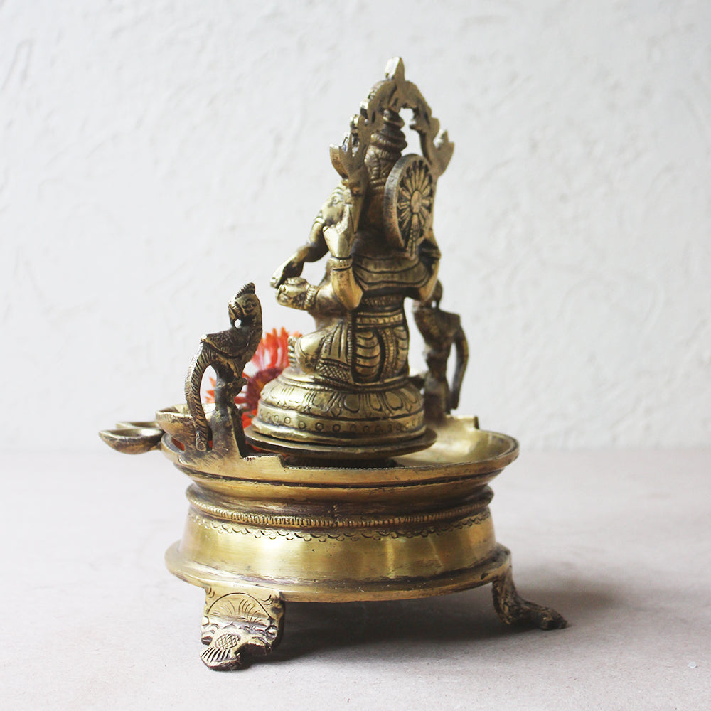 Traditional Gaja Ganesha Vilakku Oil Lamp Handcrafted With Parrots & 7 Diyas- Ht 22 cm x W 18 cm x Dia 14 cm