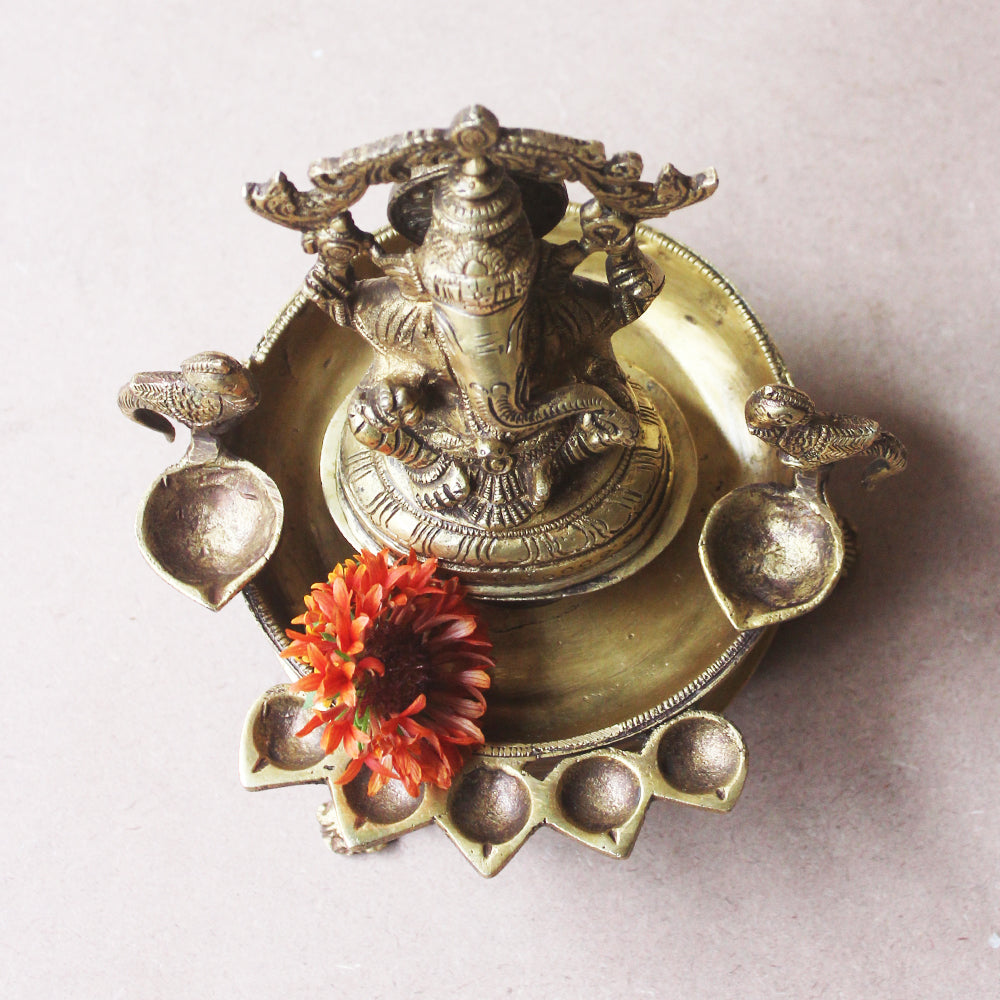 Traditional Gaja Ganesha Vilakku Oil Lamp Handcrafted With Parrots & 7 Diyas- Ht 22 cm x W 18 cm x Dia 14 cm